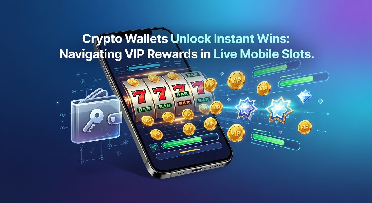 Illustration of a smartphone displaying a live mobile slot game with crypto wallet integration and glowing VIP reward icons