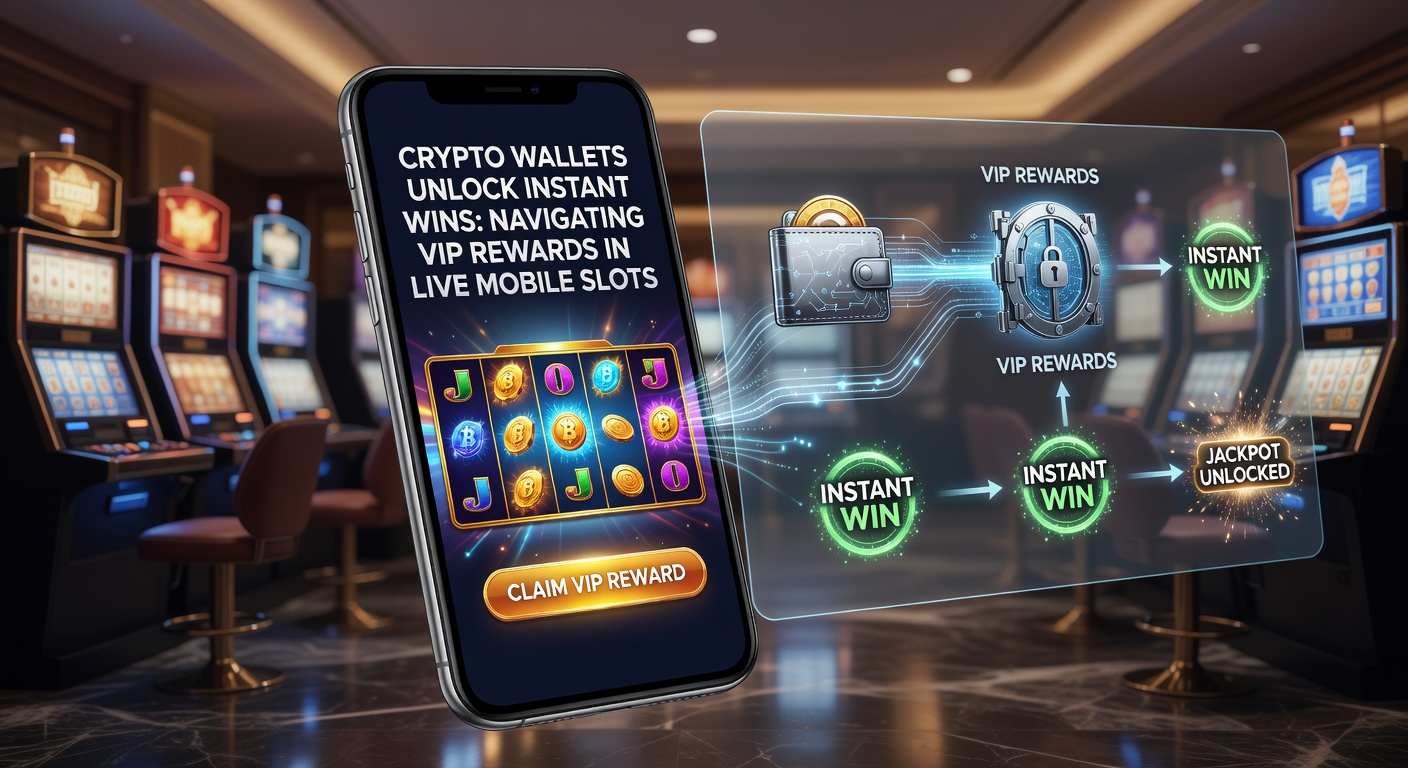 Screenshot of a VIP rewards dashboard on a mobile slot app, showing crypto wallet balance, tier progress, and instant win notifications