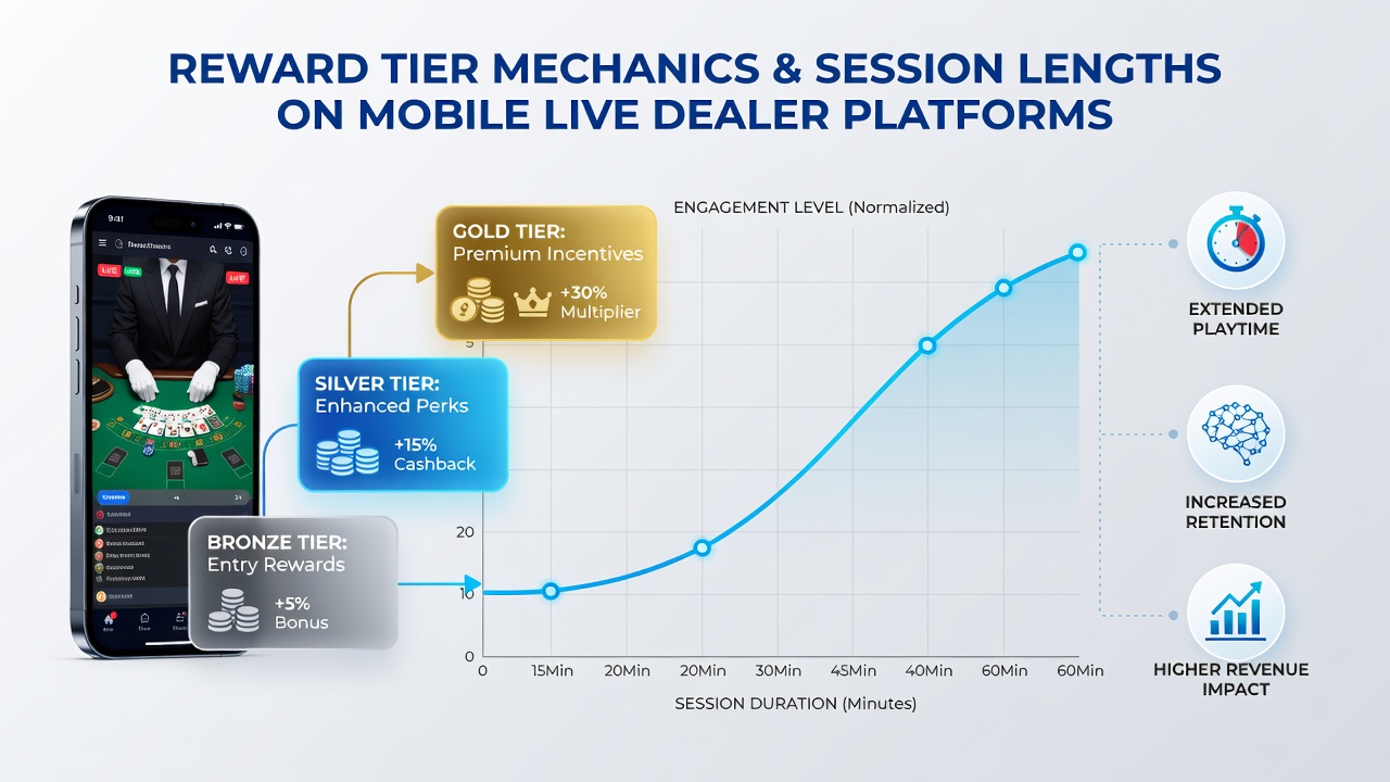 Analytics dashboard displaying session length variations by reward tier level