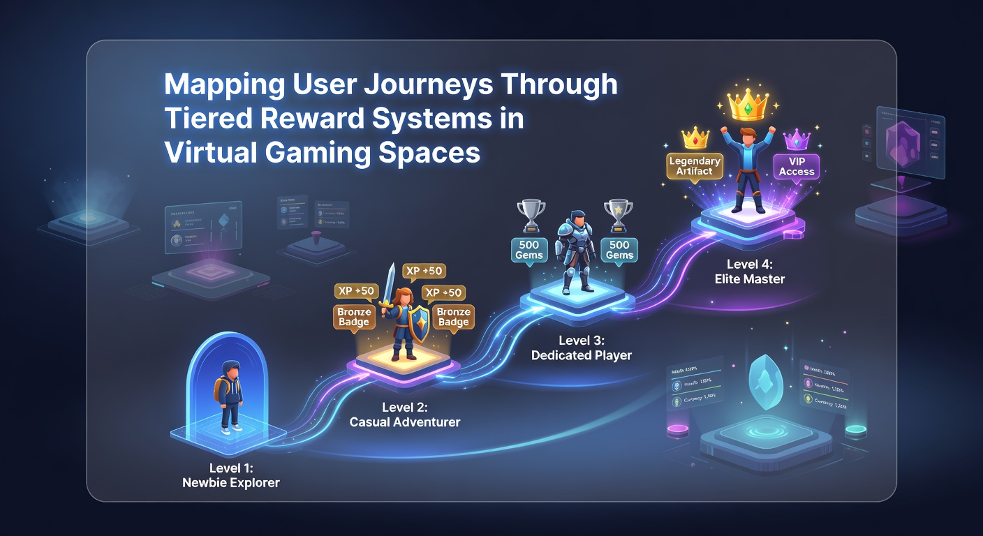 Illustration of user journey stages mapped across tiered reward levels in virtual gaming environments