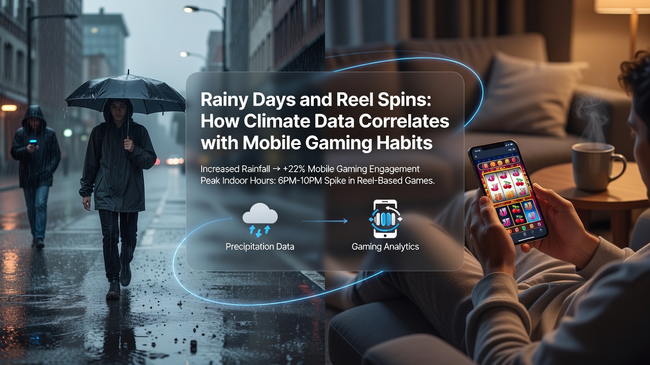 Person playing mobile game indoors on a rainy day with visible weather outside the window