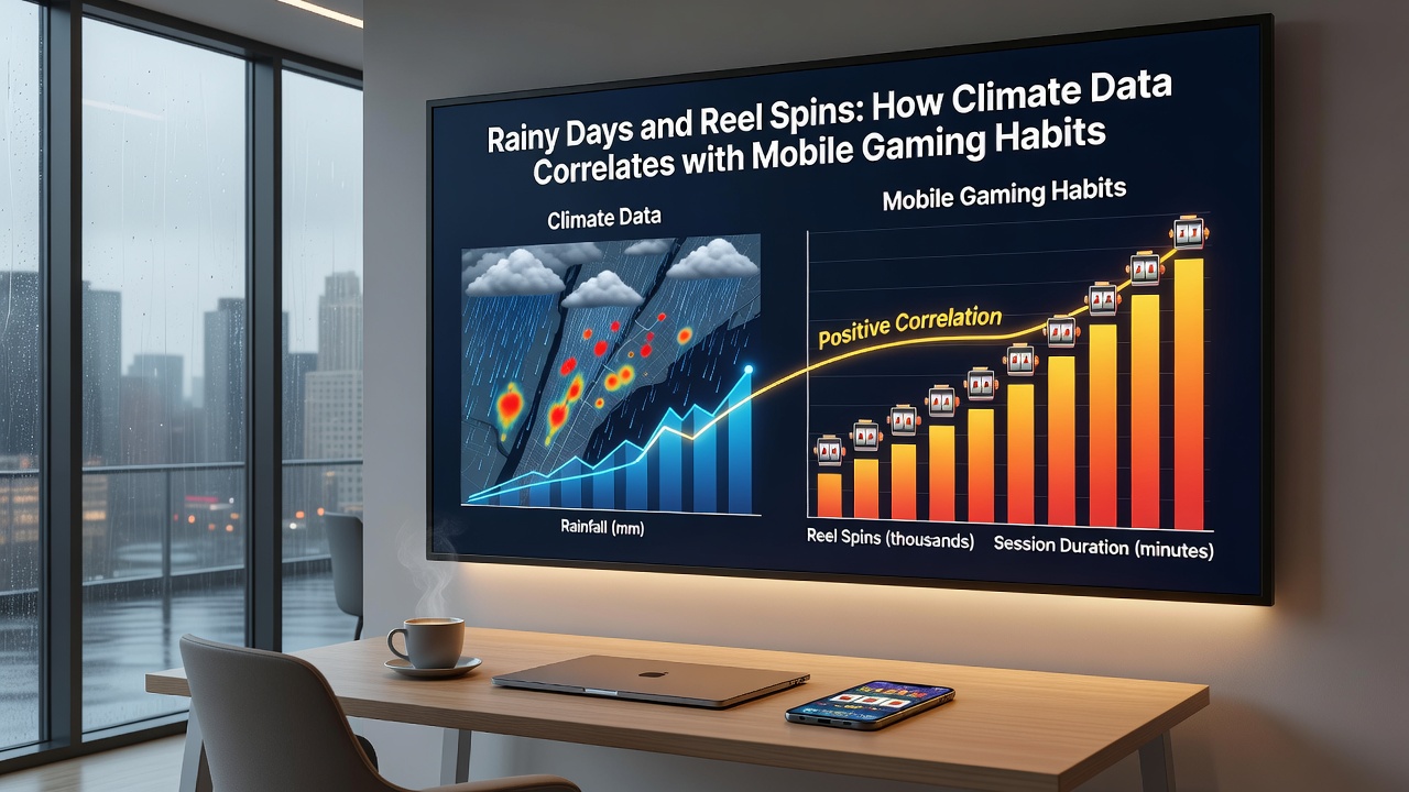 Graph overlay showing rainfall amounts alongside mobile gaming session spikes in major cities