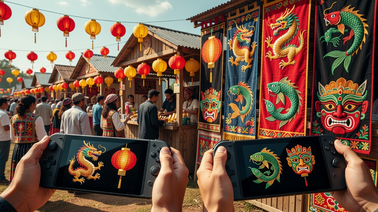 Regional cultural festival elements integrated into handheld gaming reel symbols