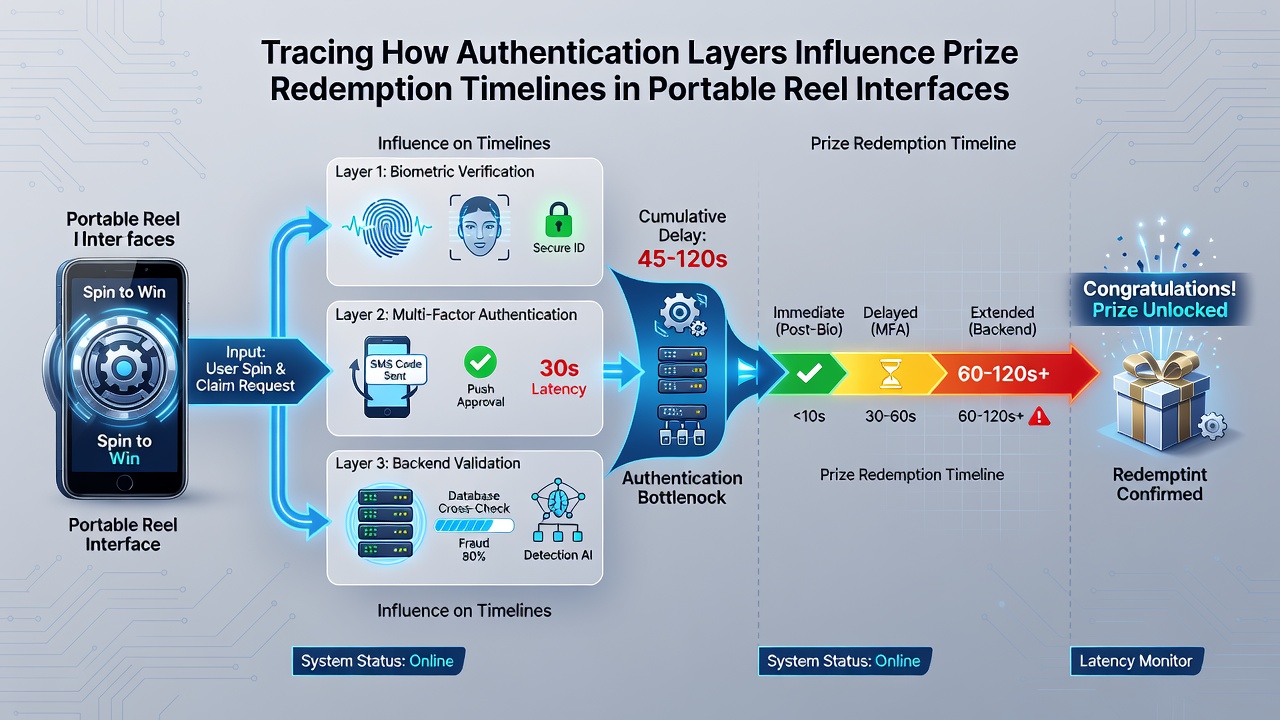 Timeline graphic illustrating authentication steps and corresponding prize redemption delays in reel interfaces